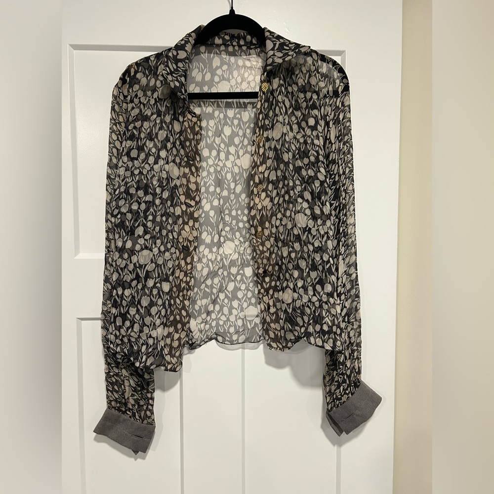 Vintage Pauline Trigère Sheer Black and White Floral Button-Down Blouse